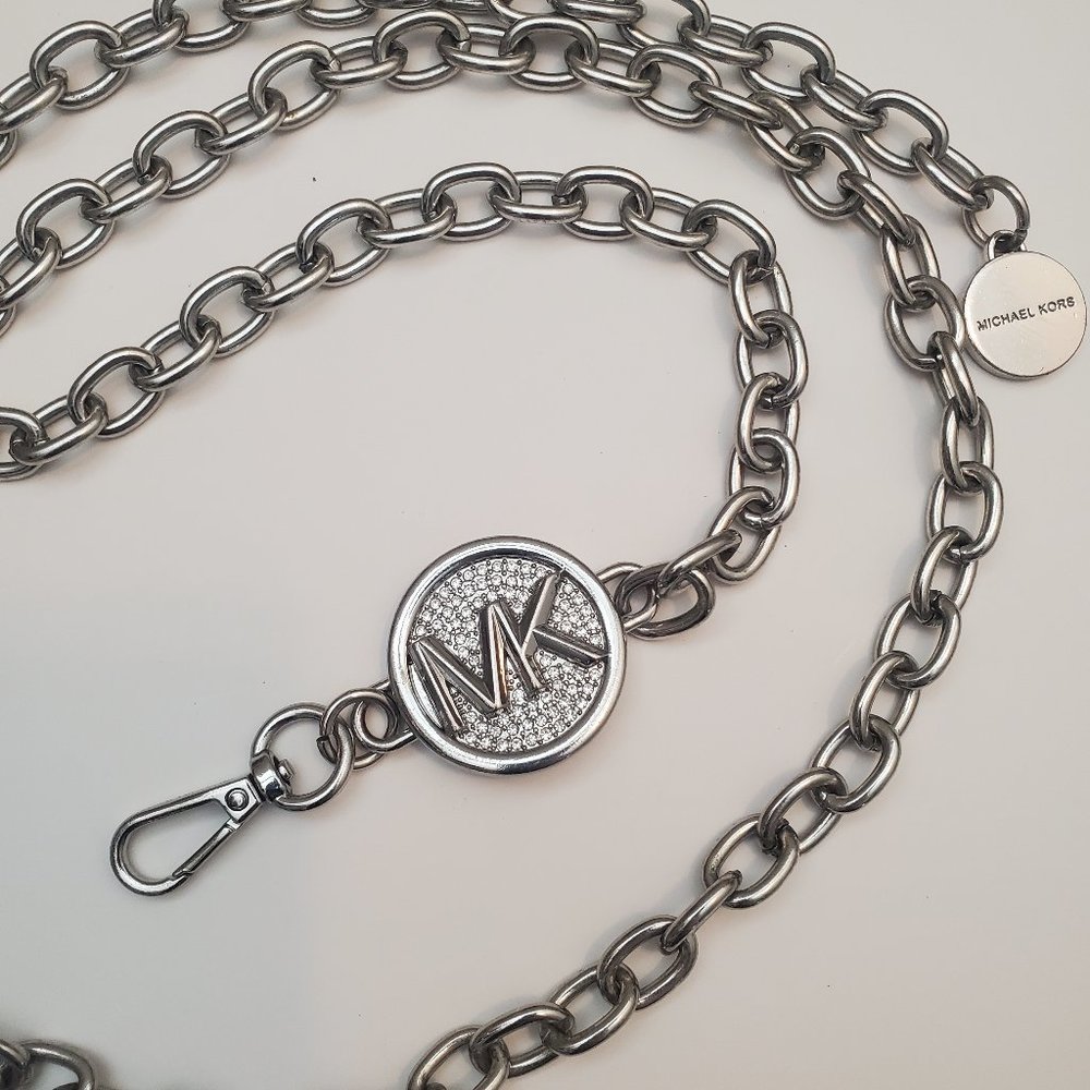Womens Michael Kors Silver Toned Chain Link Belt With MK Crystal Buckle Size L